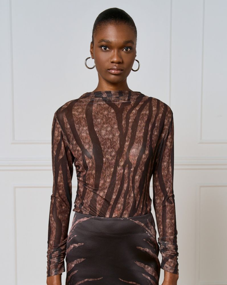 Access Printed tulle blouse 54-2151-BROWN