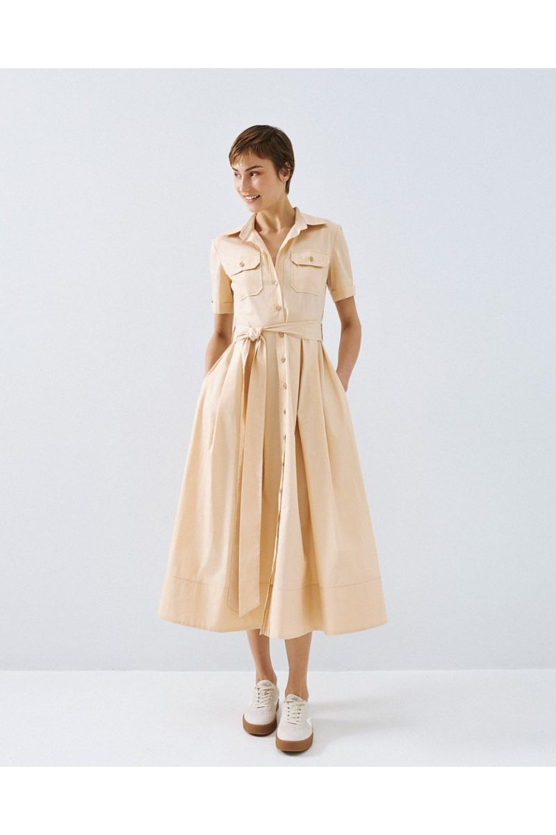 Access Short-Sleeve Shirt Dress Beige