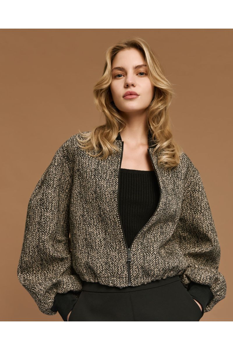Access Cropped Bomber Jacket Beige 