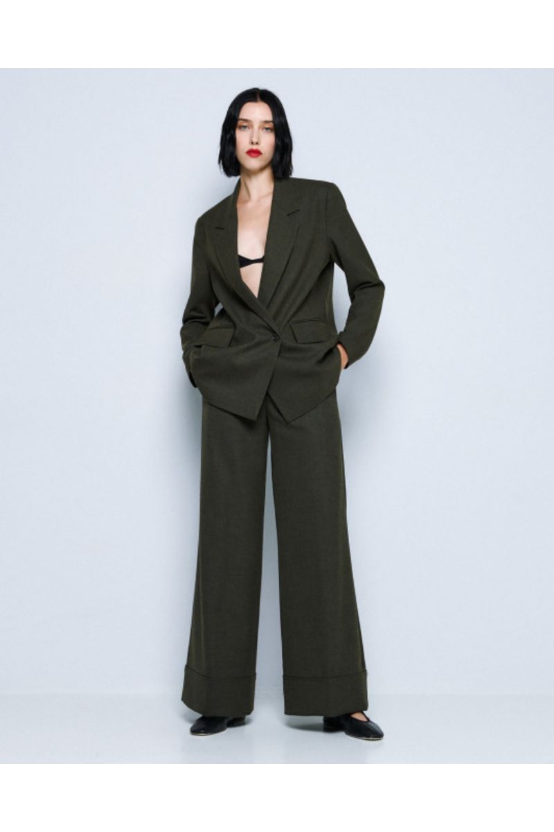 Access Wide-leg Pants with Turn-up Hems Olive