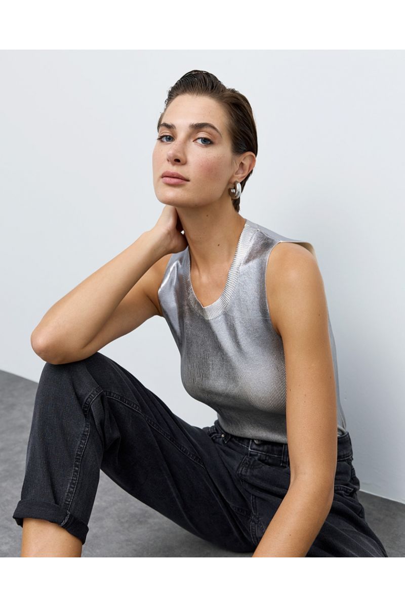 Access Metallic-effect knitted top Zilver