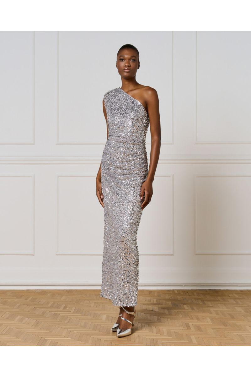 Access One-Shoulder Sequin Dress Silver
