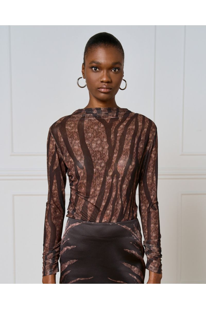 Access Printed Tulle Blouse Black Brown 