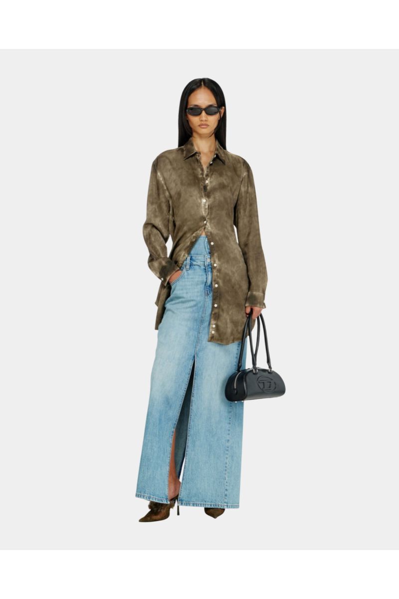 Diesel Long Shirt Jacquard Crinkled Satin Military