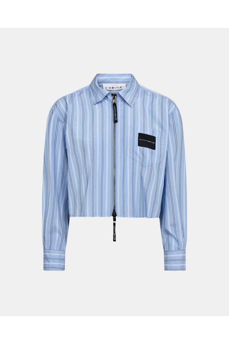 Haute L'amite Crop Stripe Zip Shirt Pale Blue