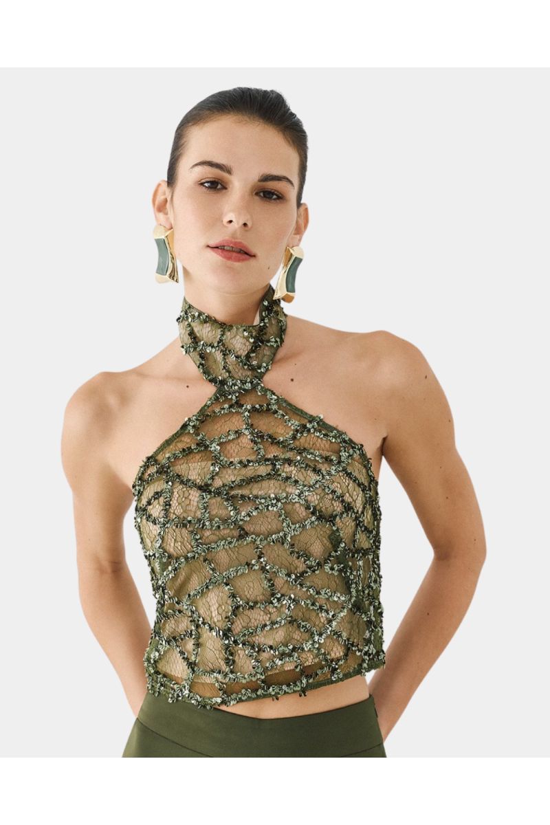 Access Halter Sequin Top Olive Top