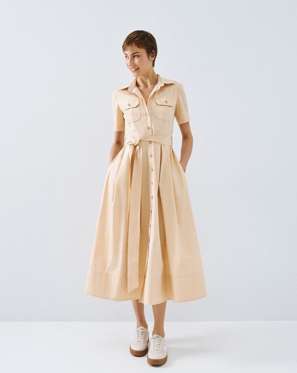Access Short-Sleeve Shirt Dress Beige
