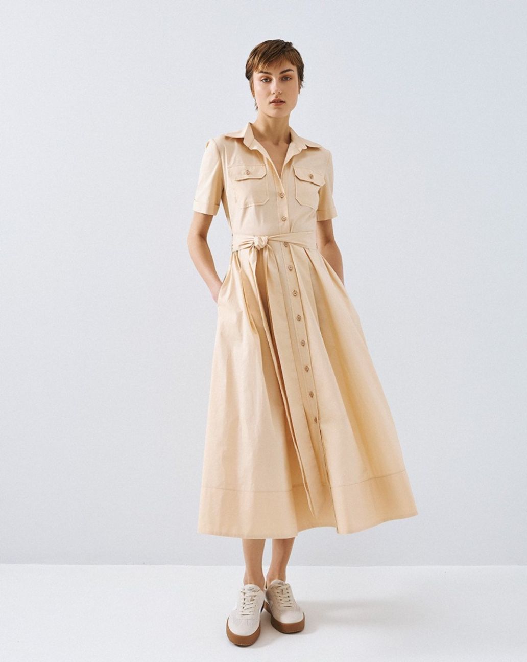 Access Short-Sleeve Shirt Dress Beige