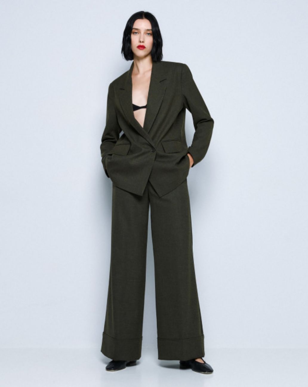 Access Wide-leg Pants with Turn-up Hems Olive