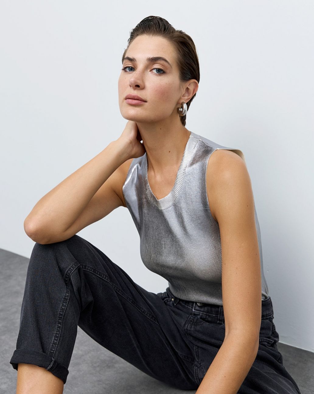 Access Metallic-effect knitted top Zilver