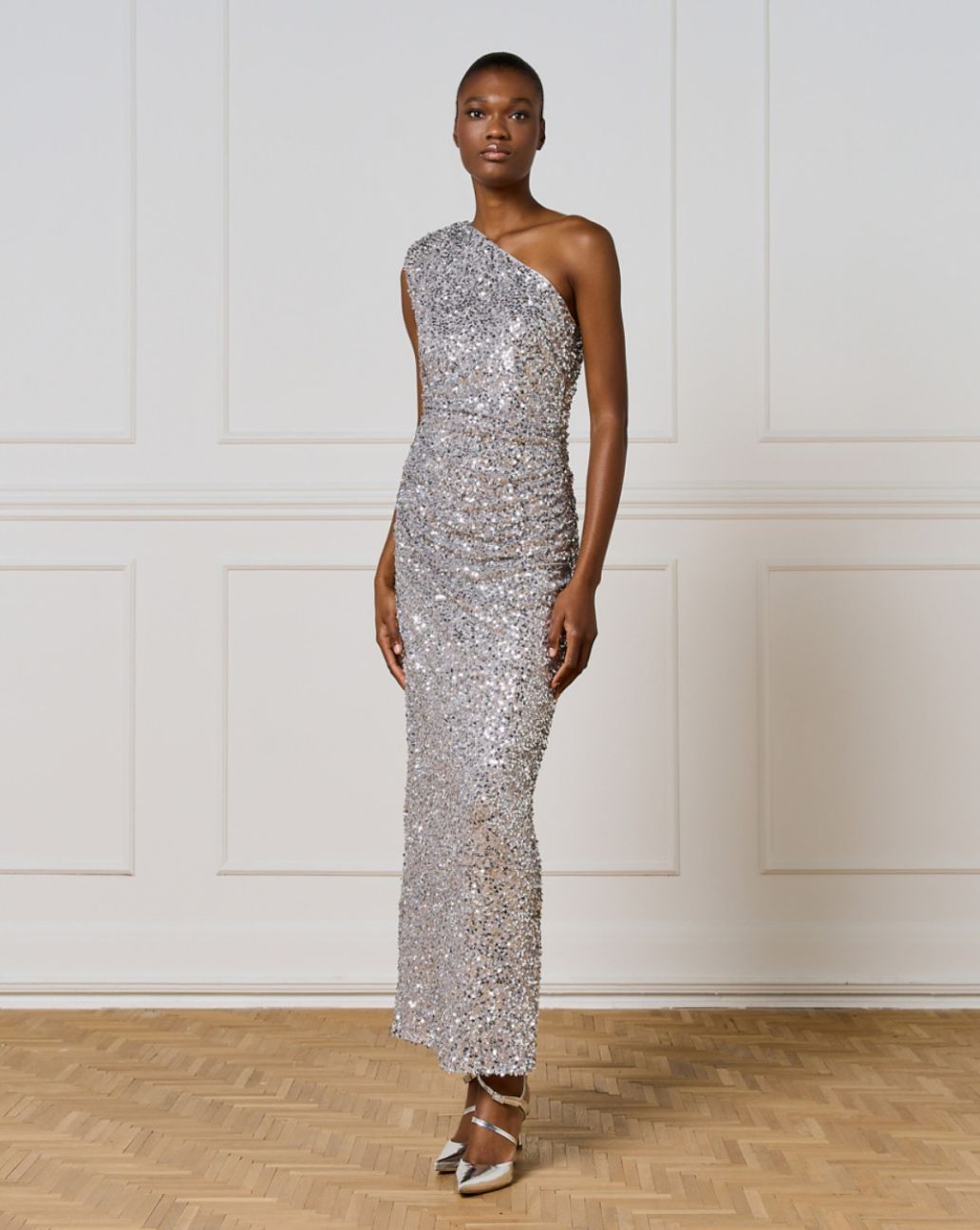 Access One-Shoulder Sequin Dress Silver