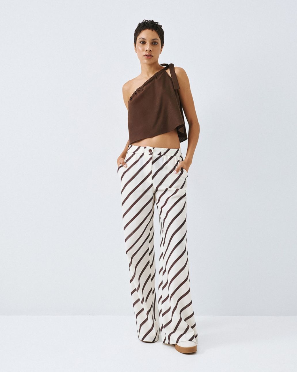Access Striped Wide-Leg Broek Wit bruin