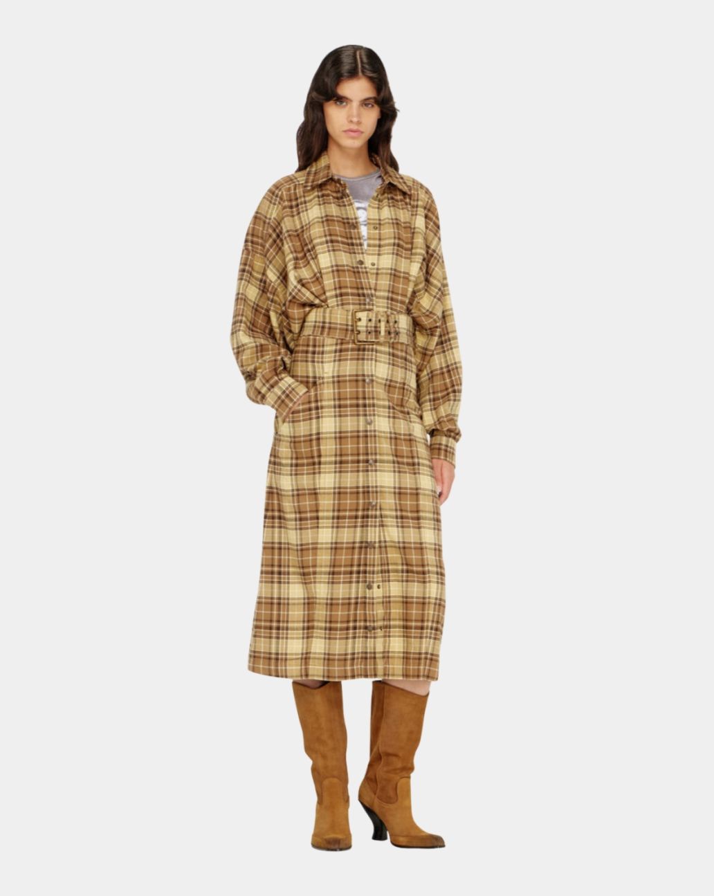 Diesel Midi Dress In Check Flannel  Yellow Brown