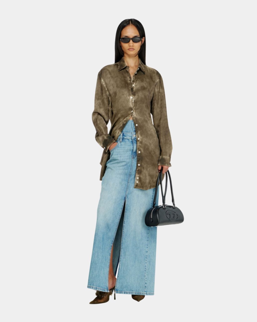Diesel Long Shirt Jacquard Crinkled Satin Military