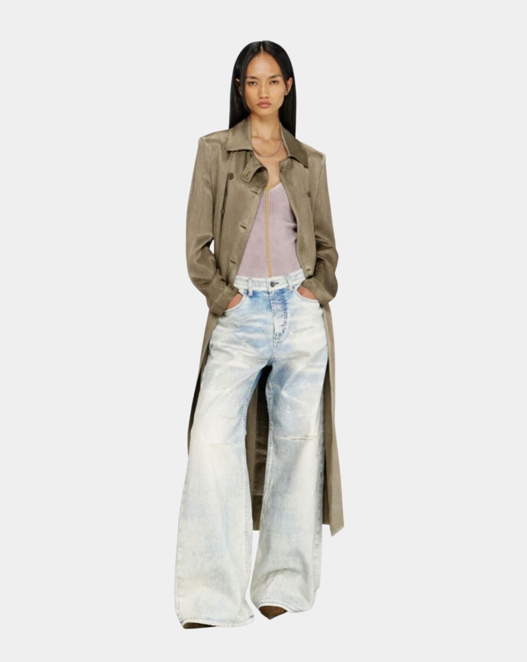 Diesel Trench Coat In Wrinkled Satin Light Brown