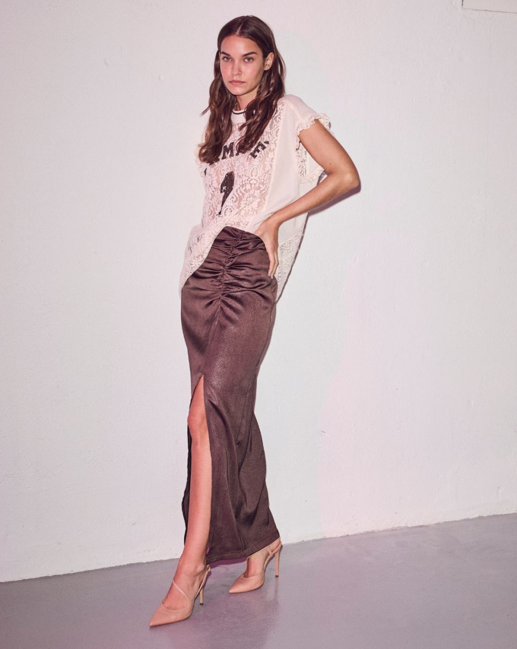 Haute L’amitié Chrisse Drape Slit Skirt Mocca