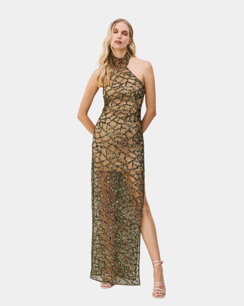 Access Halter Sequin Dress Olive Jurk