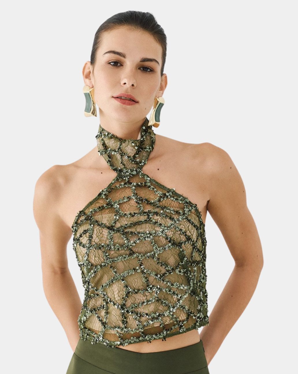 Access Halter Sequin Top Olive Top