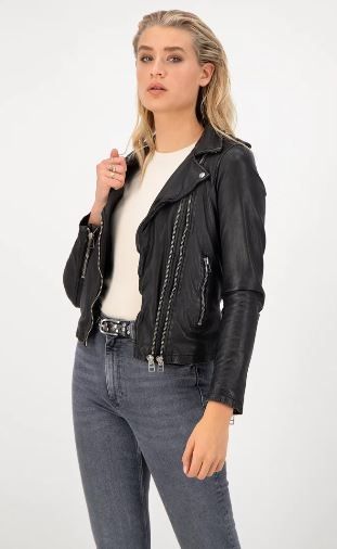NOZEM Boog lederen jas, vintage zwarte biker jas, roze strik